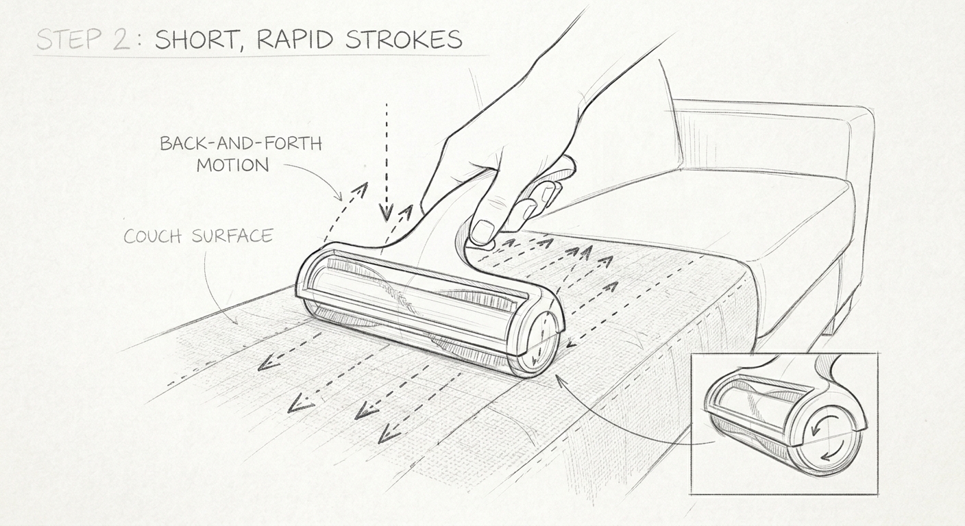 Correct method for using lint roller on upholstery in small sections